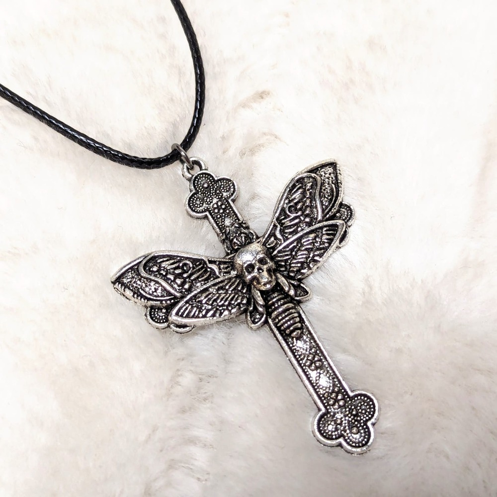 Gothic Death Moth With Cross Charm on a Rope Necklace